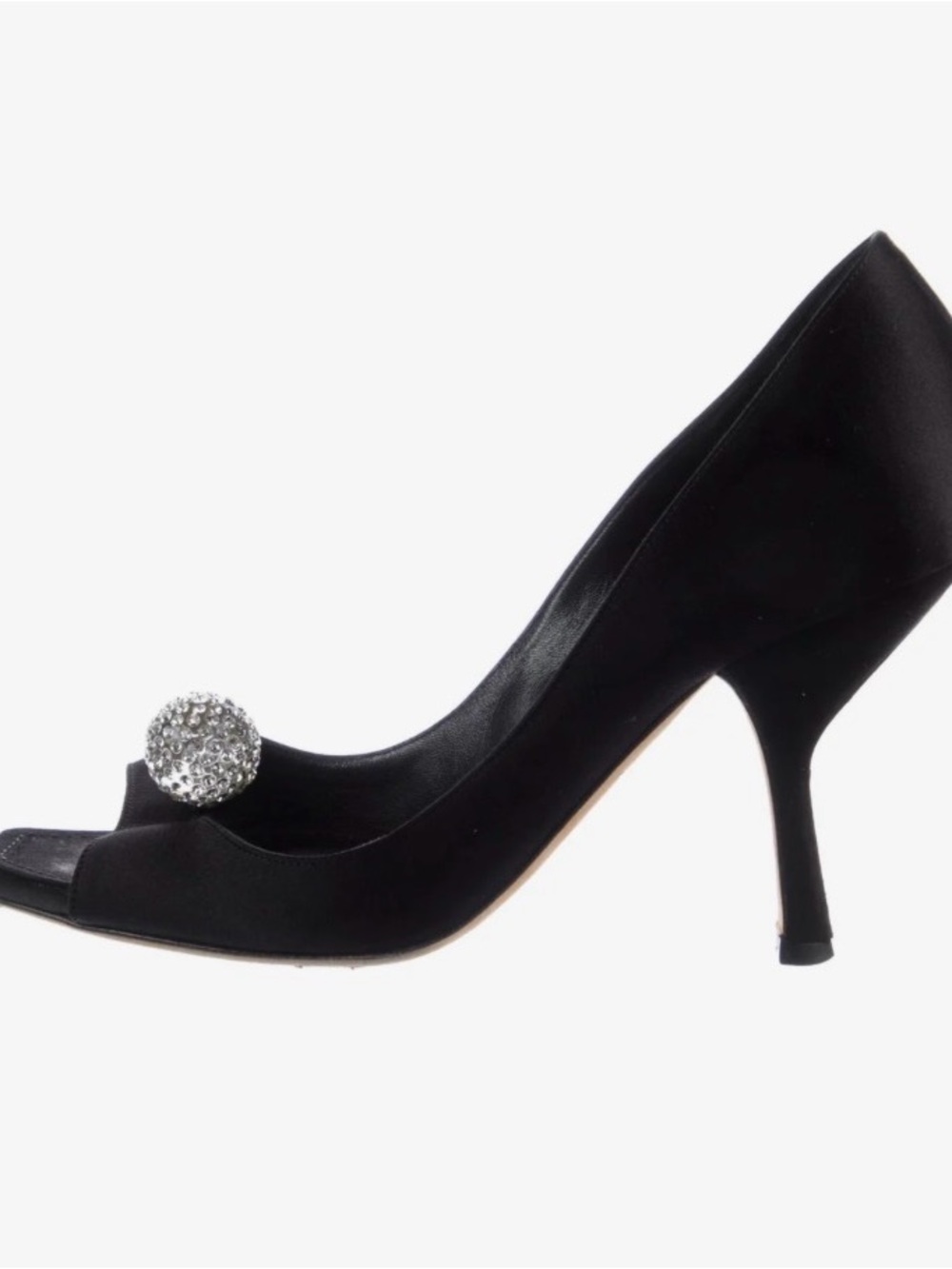 Black Satin Peep-Toe Heels with Crystal Accent
